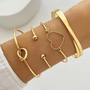 Bracelet Bangle 4pc Set Cuff Chain Heart Gold Layered Simple Glam Trendy Stylish